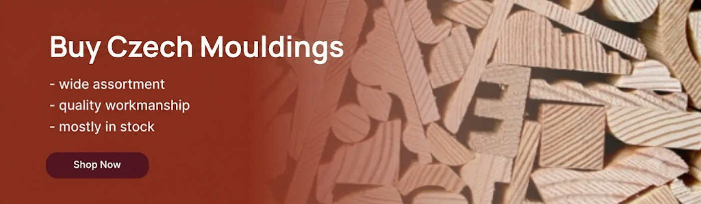Promotional banner with the text 'Buy Czech Mouldings' against a background of wooden mouldings